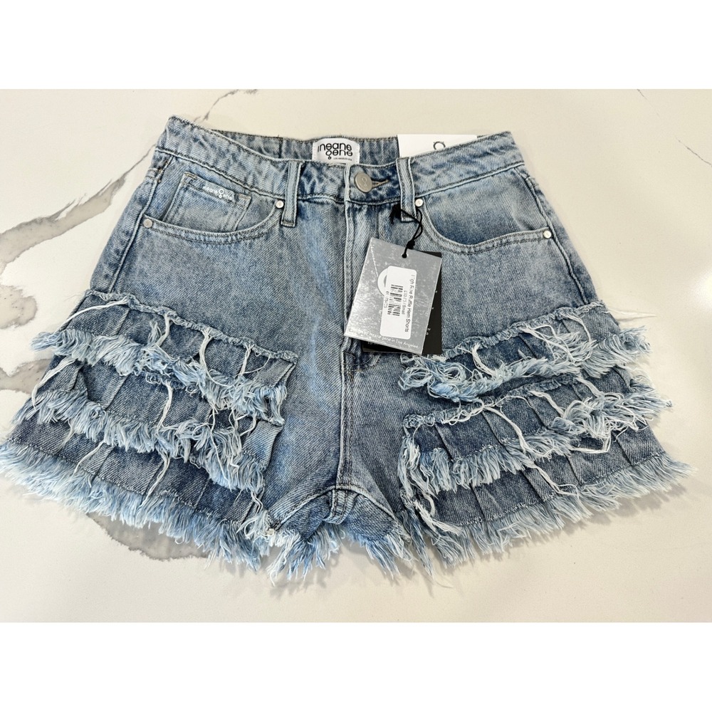 Insane Gene High Rise Ruffle Hem Denim Shorts Light Wash‎ Distressed Size Small